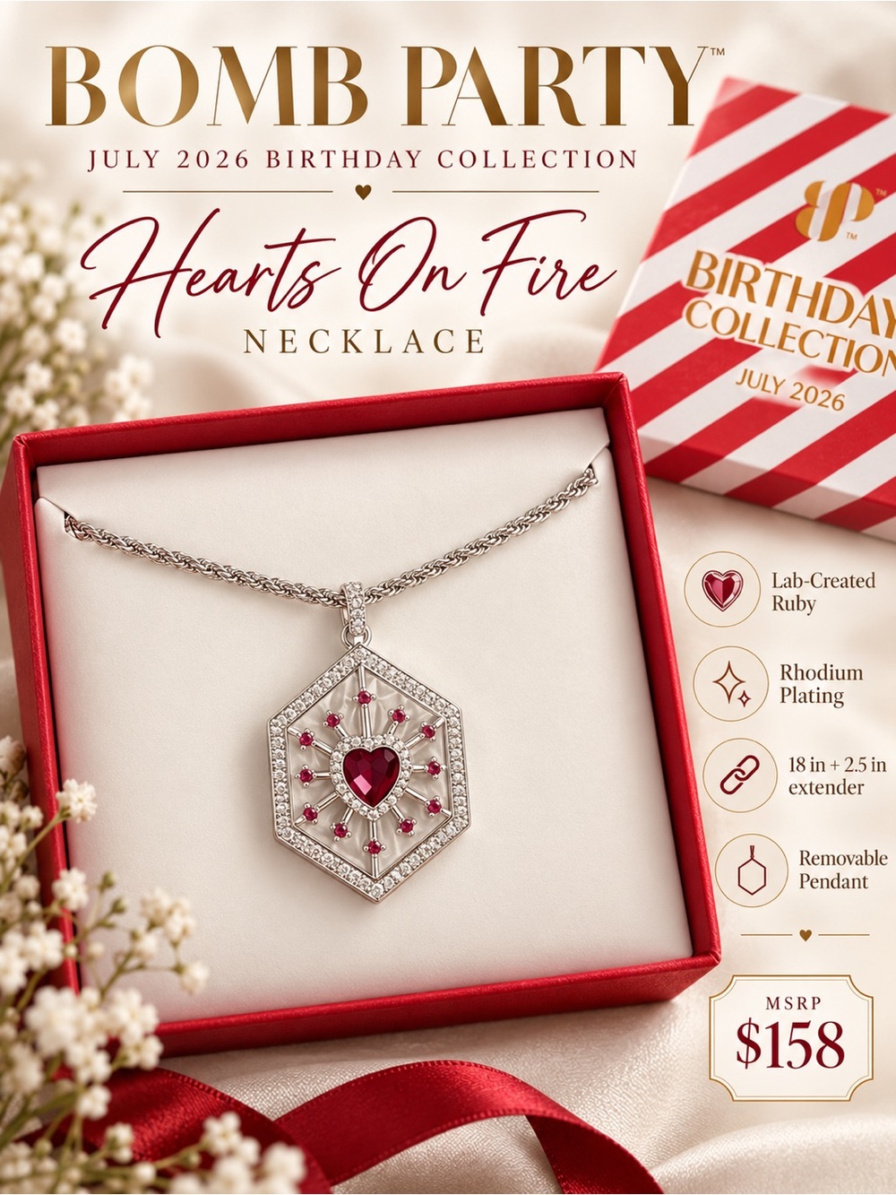 Bomb Party Hearts On Fire Necklace July 2026 Ruby Rhodium NK87146